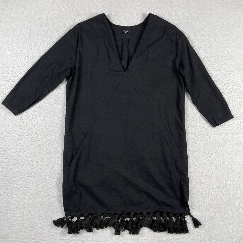 Rails Dress Womens XS Black Linen Blend Elena Tassel Trimmed Slit Pocket Unlined